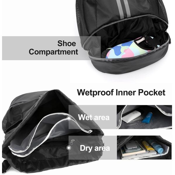HOEDIA SPORTS DRAWSTRING BACKPACK - STRING SWIM GYM BAG WITH SHOES COMPARTMENT AND WET PROOF POCKET FOR WOMEN&MEN