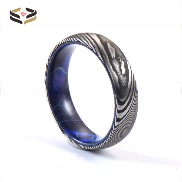 Etched Damascus Wedding Rings 6mm 8mm With Blue Purple Wood Sleeve Inlay