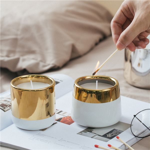 Luxury Handmade Custom Ceramic Candle Jars With Golden Electroplated