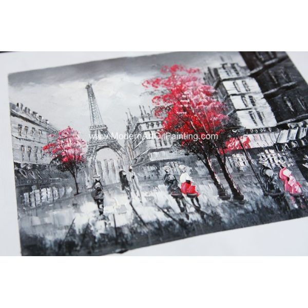 Abstract Oil Painting Paris Black White Red , Palette Knife Landscape Painting For A Gift