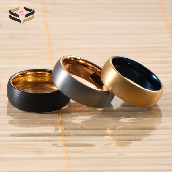 Other Diamond Shape 8mm Two Tone Tungsten Rings for Men Women Gold Wedding Band Black Rose Gold Blue Domed Style Comfort Fit
