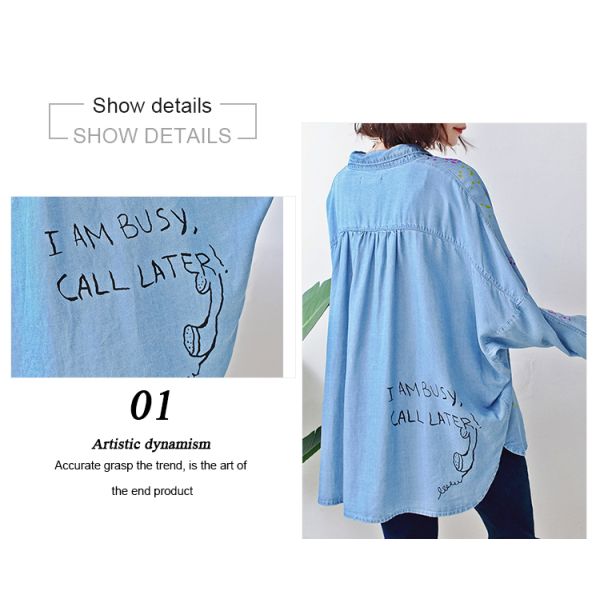 Blue Long Sleeve Womens Denim Shirt Dress , Denim Long Tops For Ladies