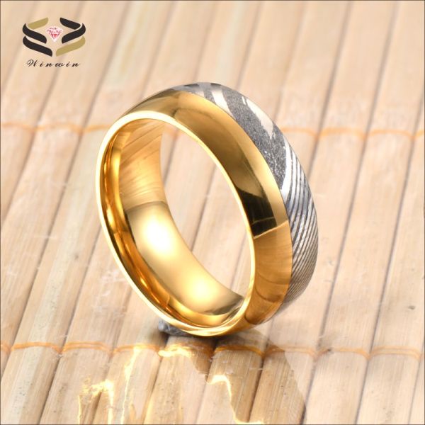 Men Gold Silver Two Tone Damascus Steel Wedding Band 8mm Polished with Tungsten Linner