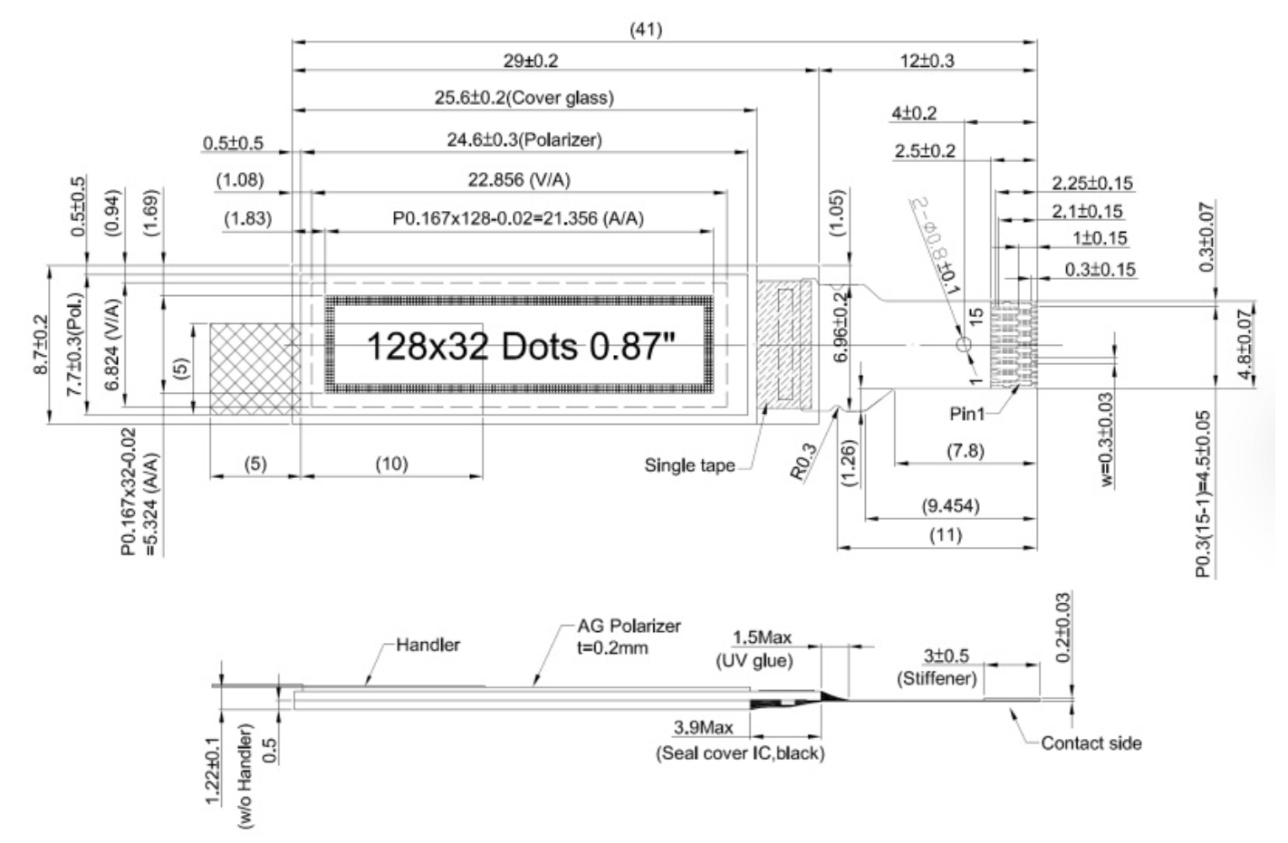 0.87 Inch Slim OLED Display Module 128x32 Pixels I2C Interface White/Blue Text
