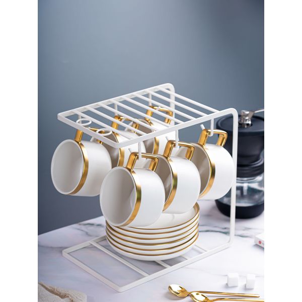 Matte White Ceramic Porcelain Coffee Tea Cups Saucers Sets With Gold Handle 250ml Volume