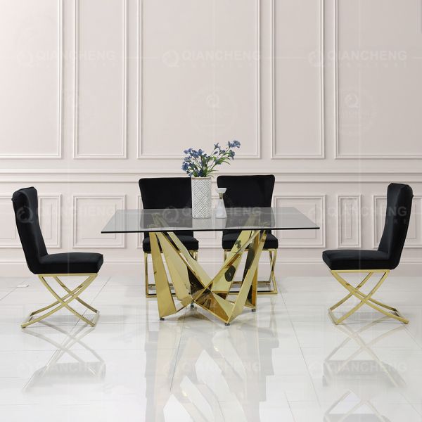 100kg Square Glass Top Dining Table 150cm Stainless Steel Frame